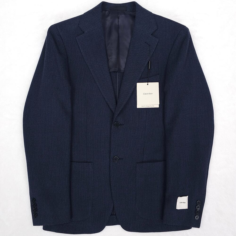 Calvin Klein Mens Slim Fit Sport Coat Blazer 40R Navy Blue Textured Stretch Wool
